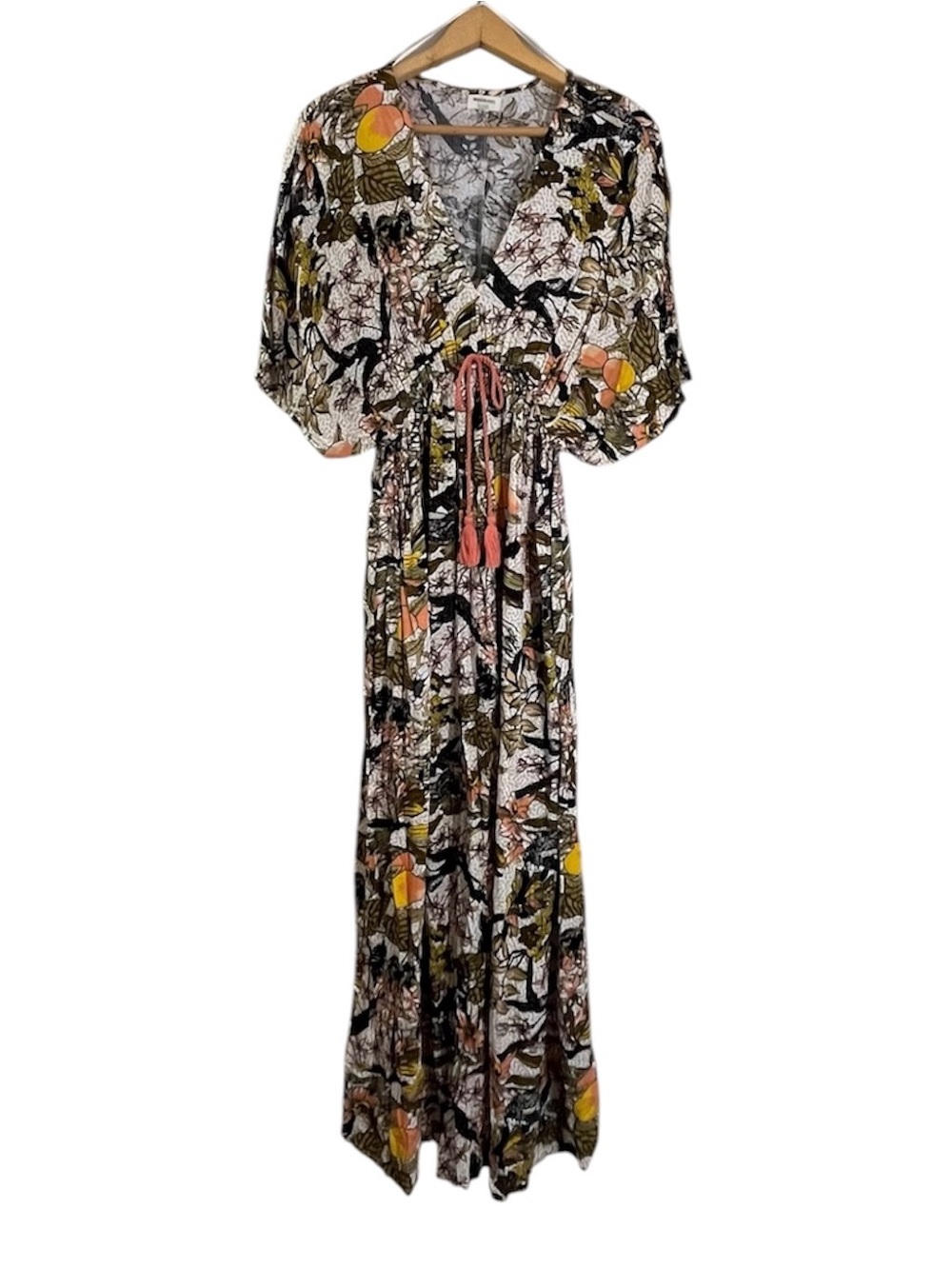 World Market Small Medium Green Black Tropical Floral Maxi Dress Orange Tassels